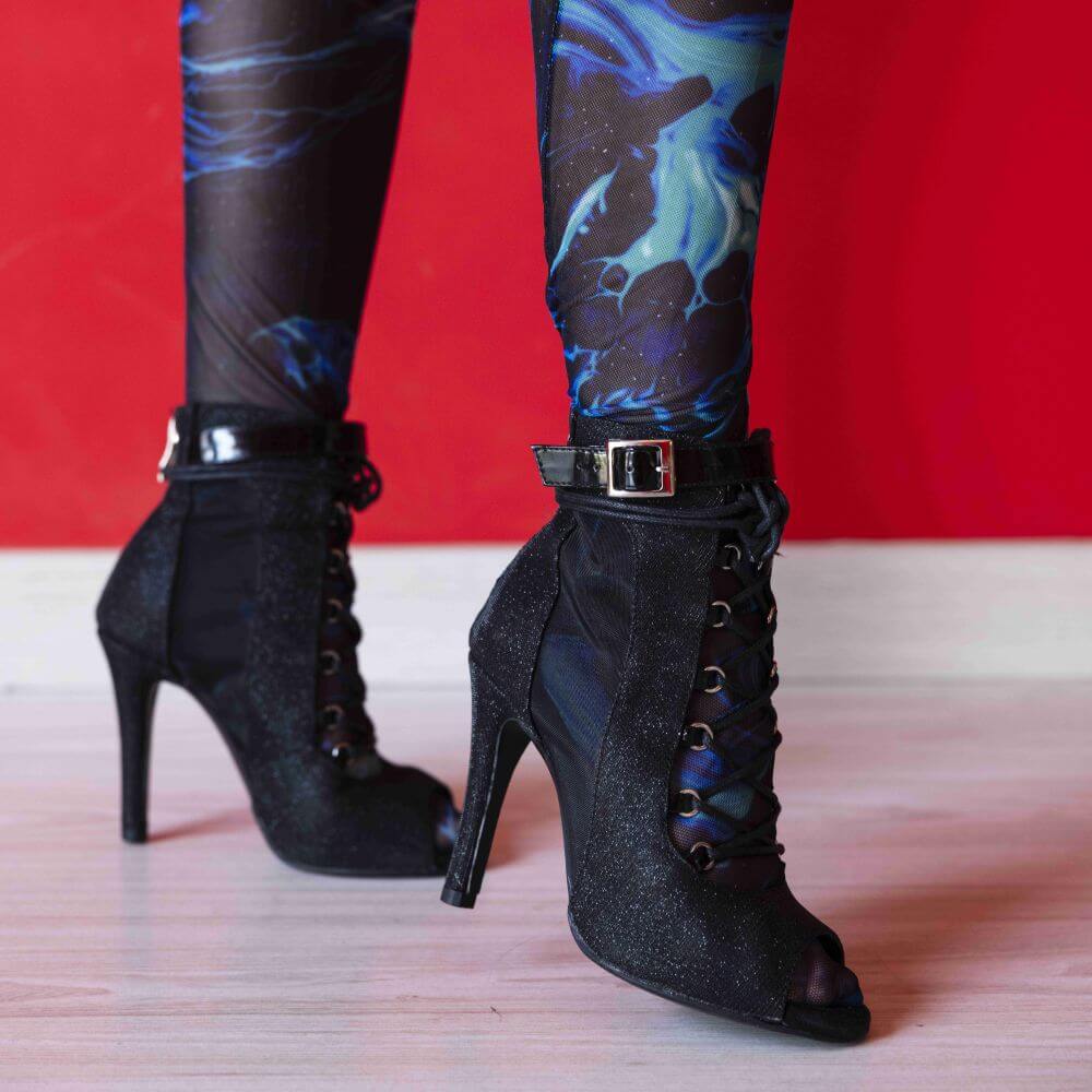 Stivali da ballo neri con lacci e glitter, con tacco alto, da donna