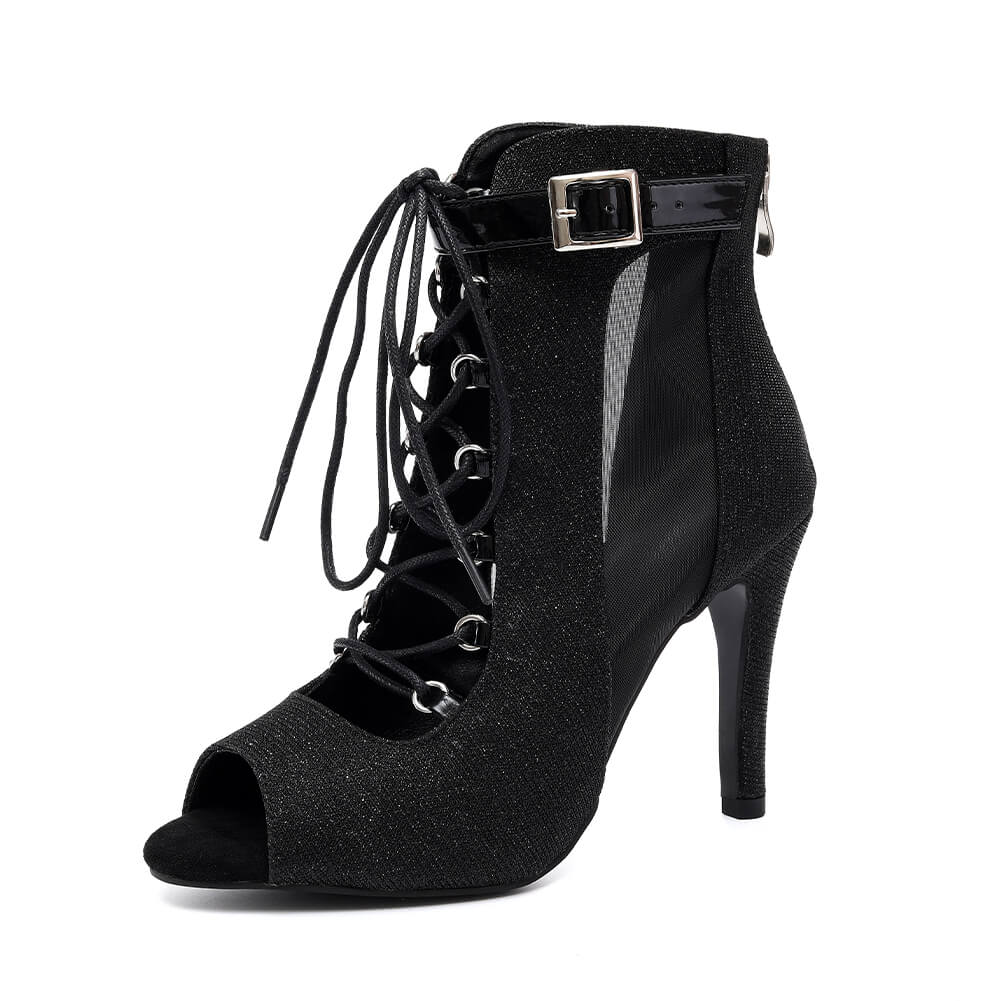 Stivali da ballo neri con lacci e glitter, con tacco alto, da donna