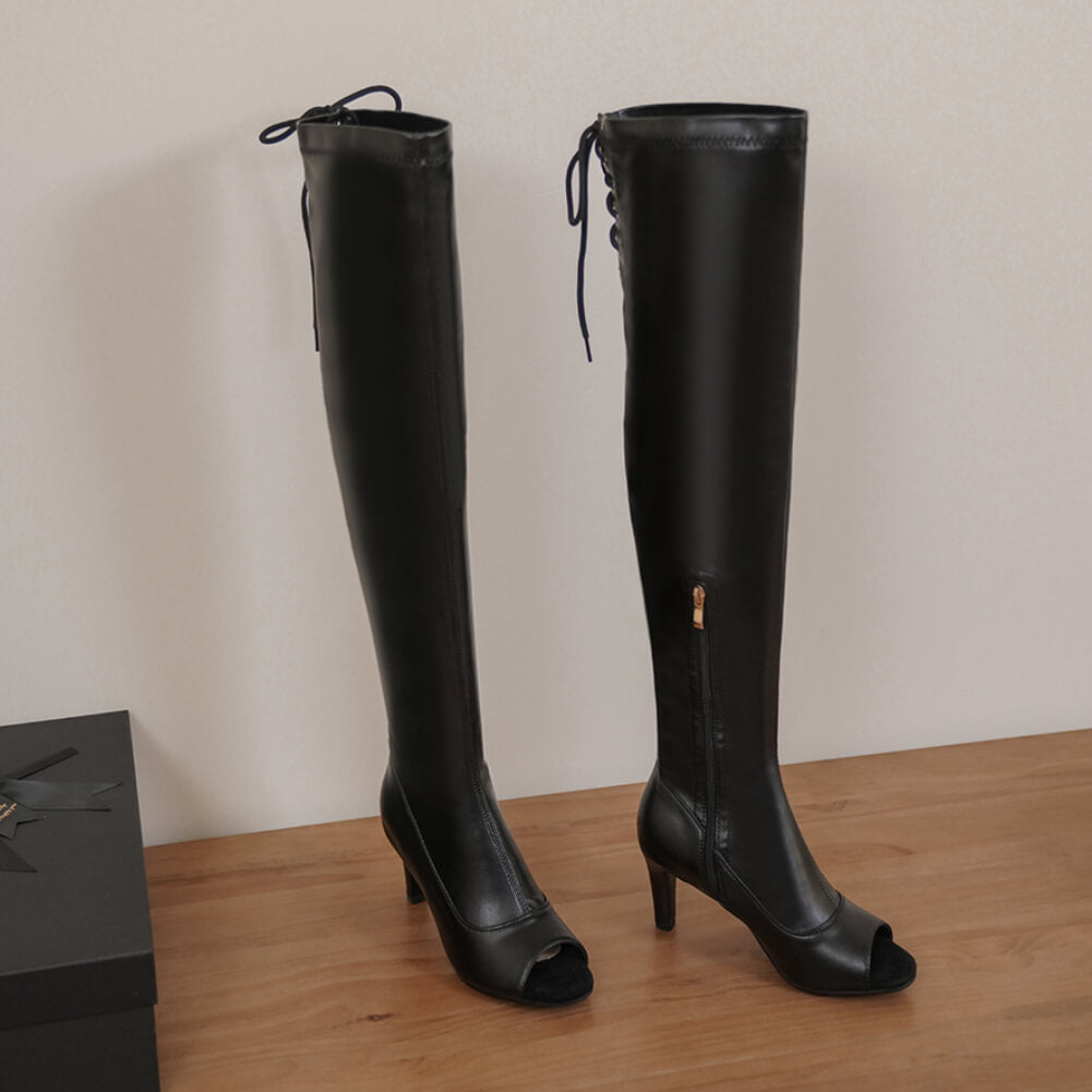 Stivali sopra il ginocchio neri opachi con punta aperta