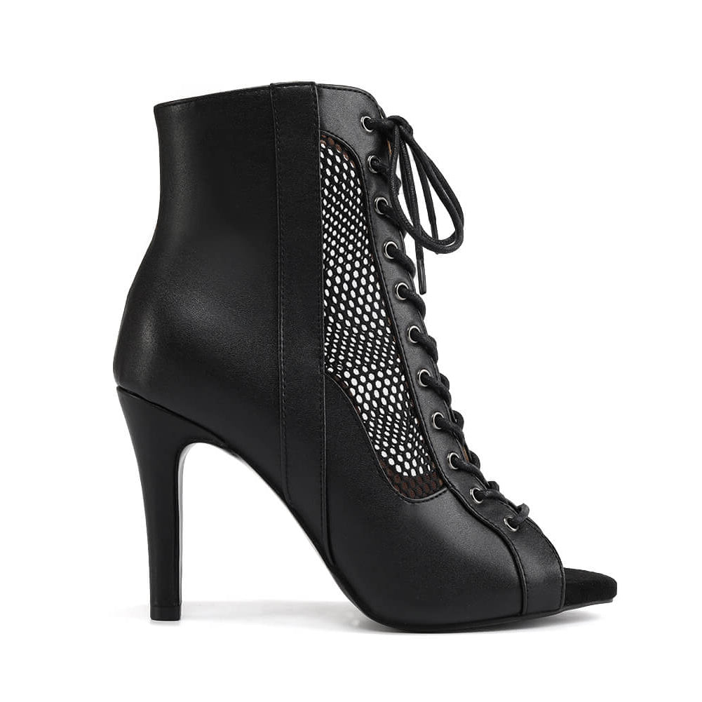 Black Peep Toe Lace-up Mesh Stiletto Boots