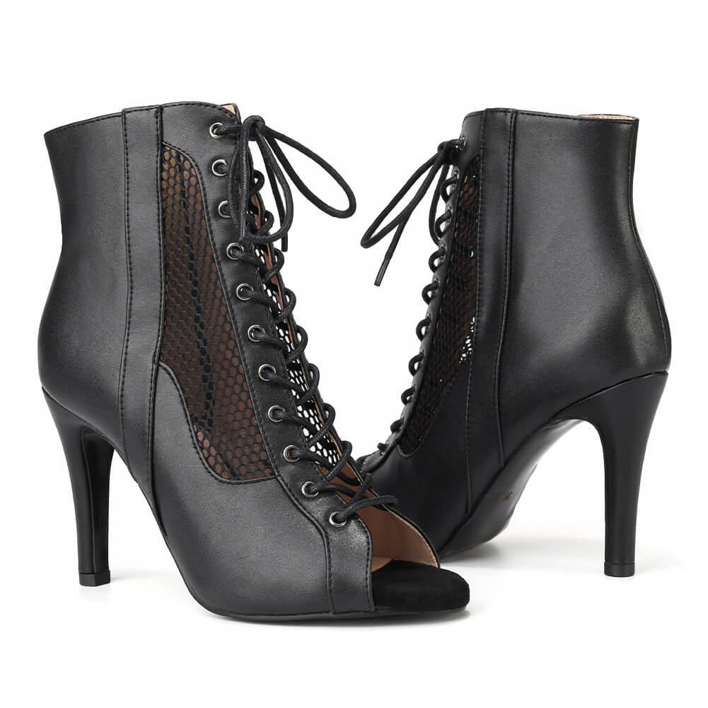 Black Peep Toe Lace-up Mesh Stiletto Boots