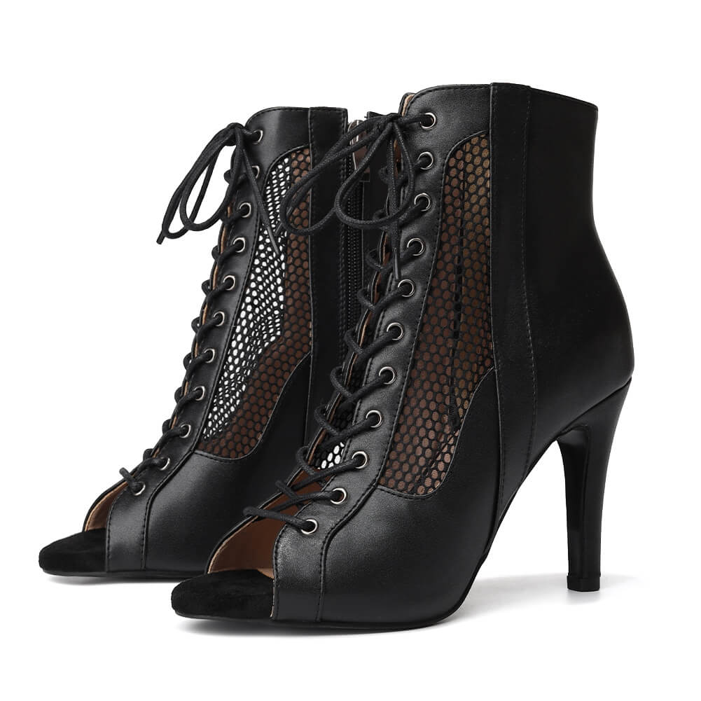 Black Peep Toe Lace-up Mesh Stiletto Boots