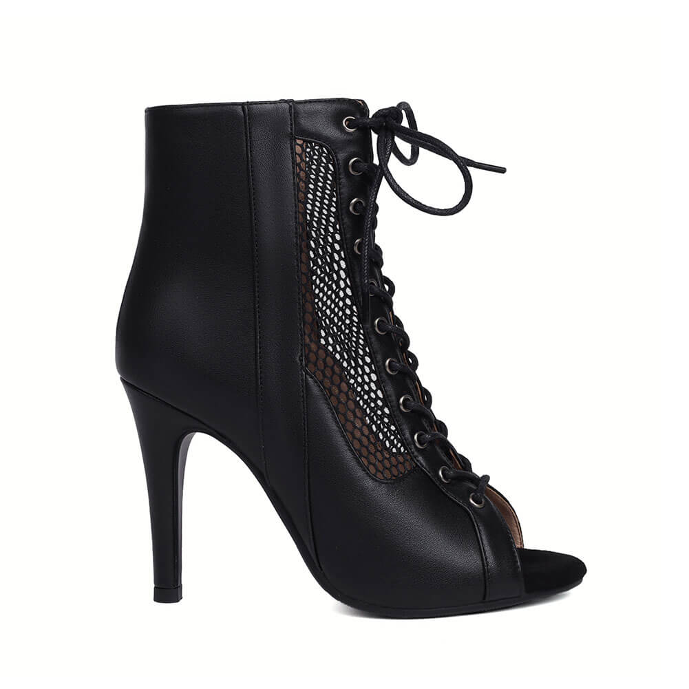 Stivali con tacco a spillo in rete, punta aperta e lacci sul davanti