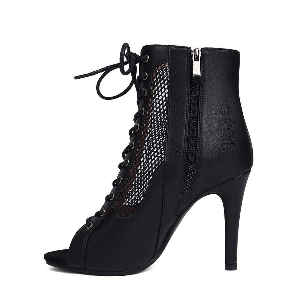 Stivali con tacco a spillo in rete, punta aperta e lacci sul davanti