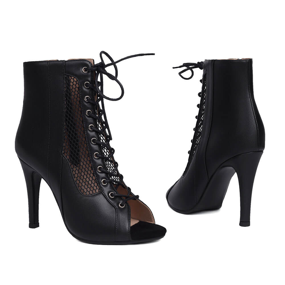 Stivali con tacco a spillo in rete, punta aperta e lacci sul davanti