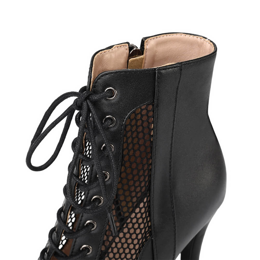 Black Peep Toe Lace-up Mesh Stiletto Boots