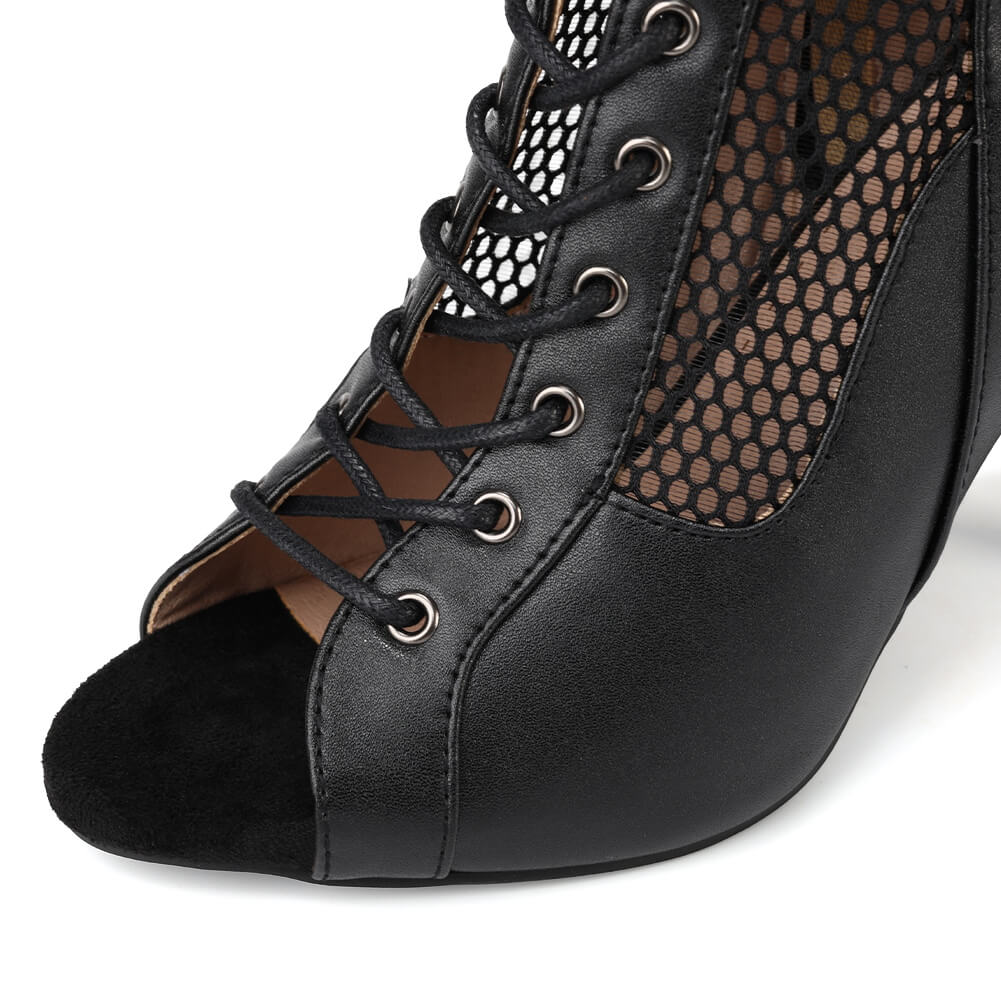 Black Peep Toe Lace-up Mesh Stiletto Boots