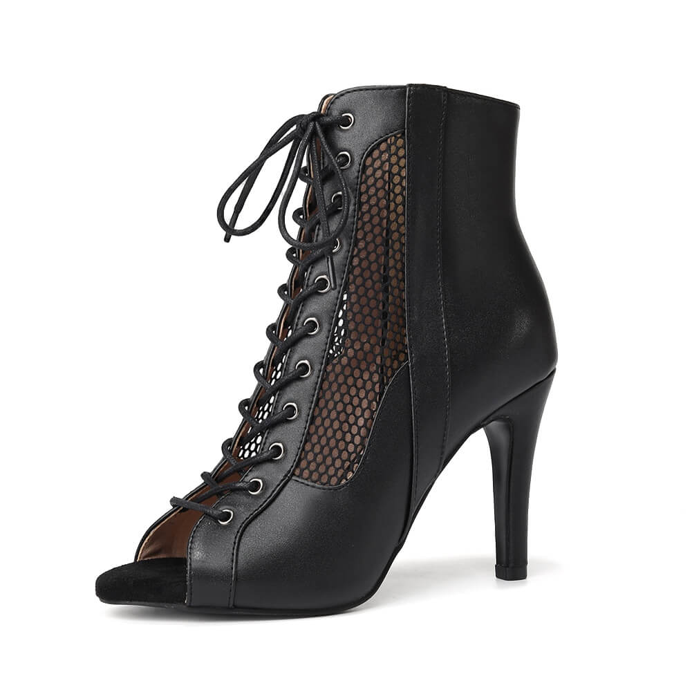 Black Peep Toe Lace-up Mesh Stiletto Boots