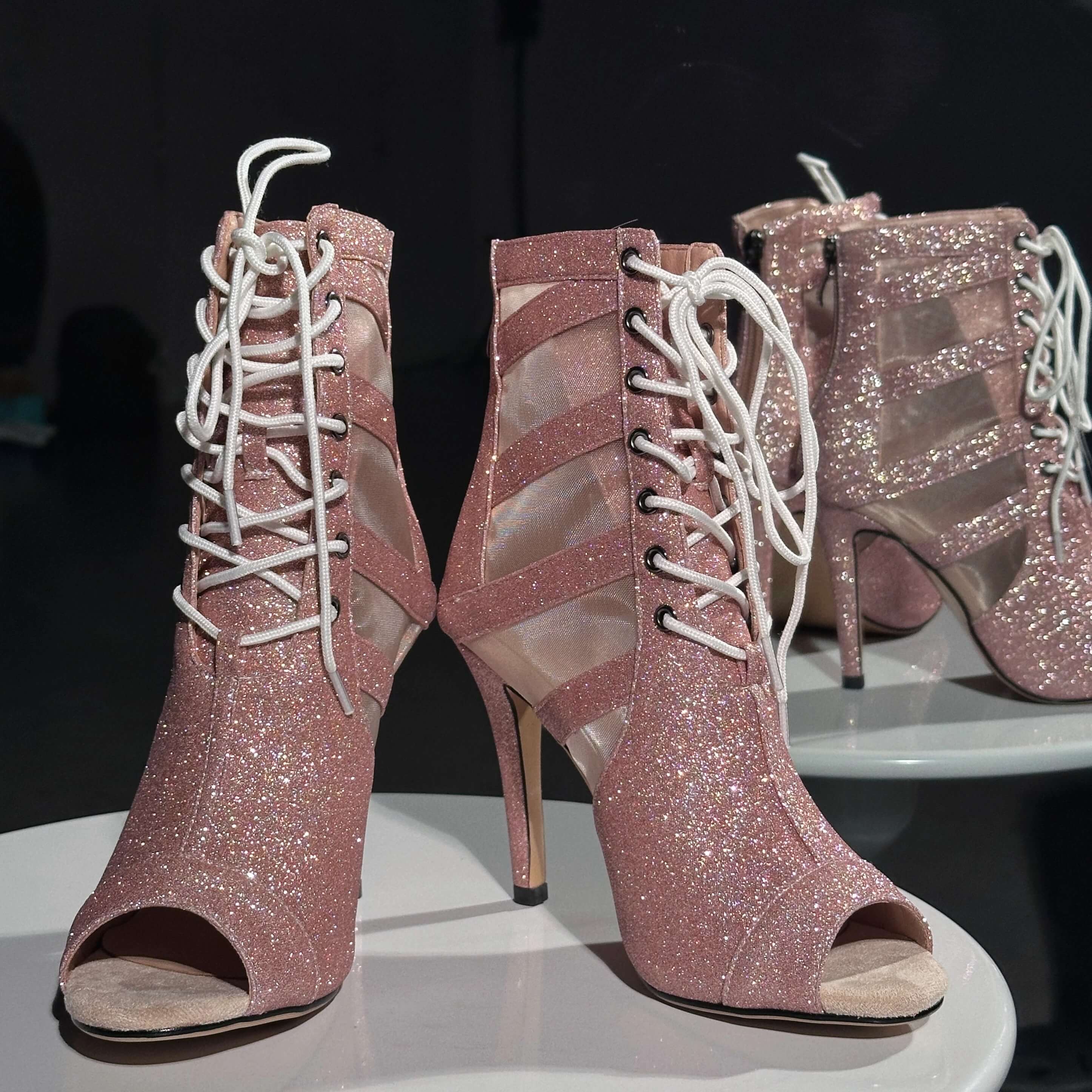 Pink Glitter Openwork High-Heeled Dance Shoes