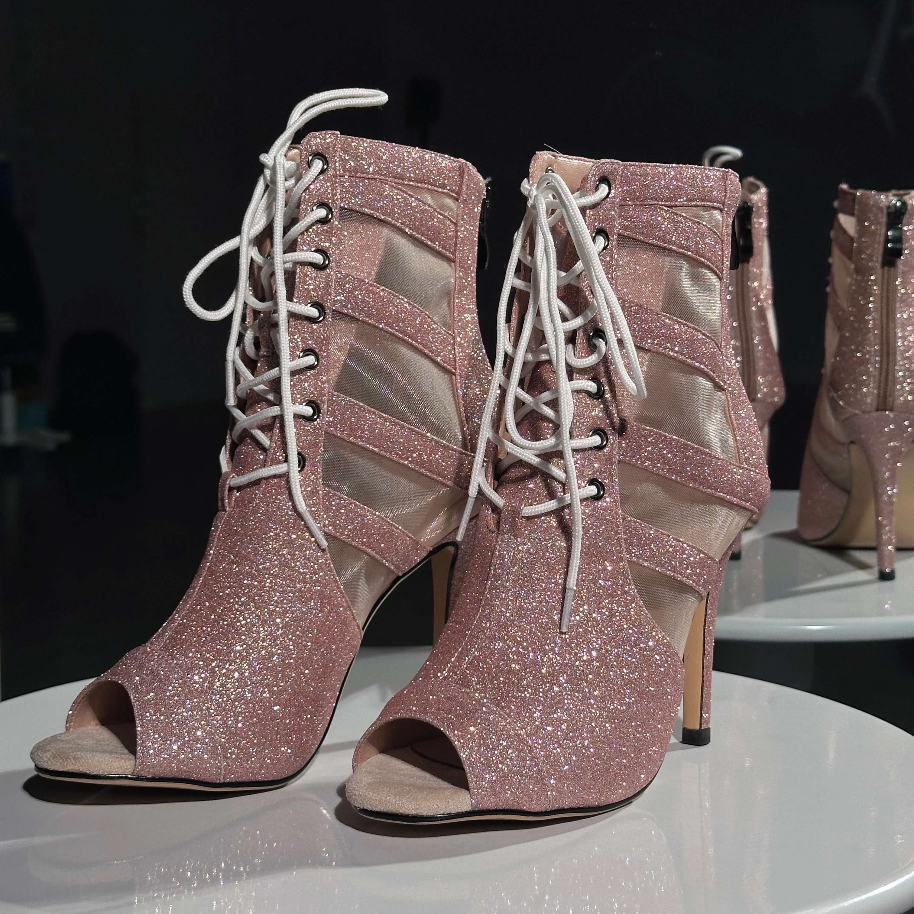 Pink Glitter Openwork High-Heeled Dance Shoes