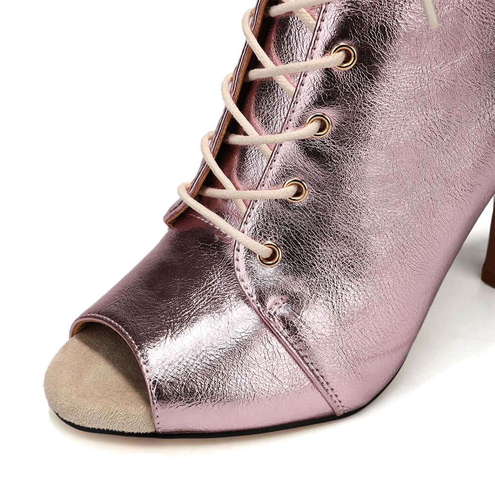 Bottes de danse roses vernies à double boucle en métal