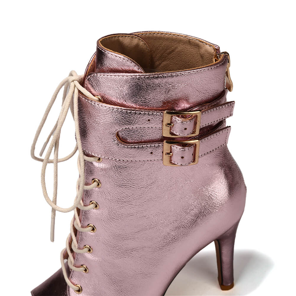 Bottes de danse roses vernies à double boucle en métal