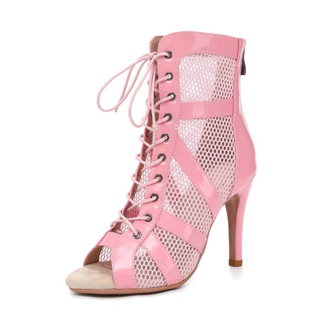 Pink Patent Leather Lace-up Front Mesh Stiletto Boots
