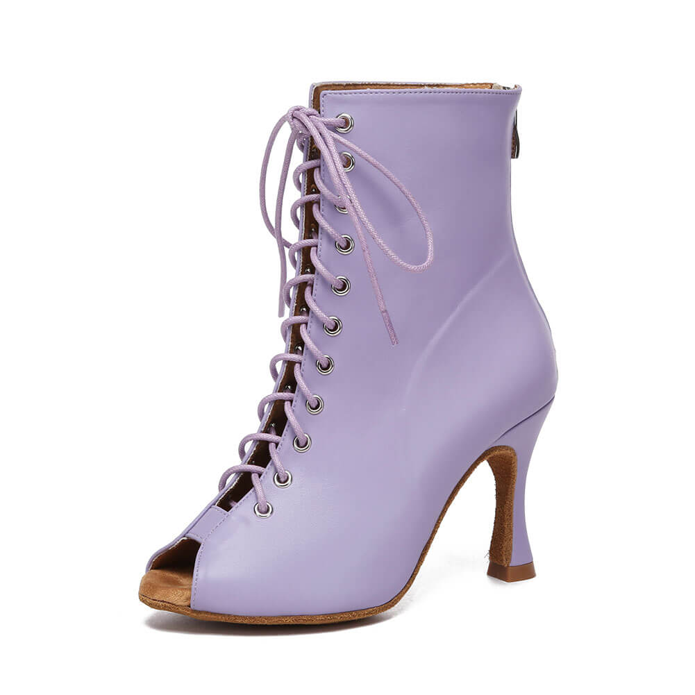 Stivaletti alla caviglia latini sexy viola con punta aperta