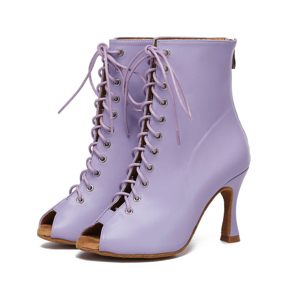 Stivaletti alla caviglia latini sexy viola con punta aperta