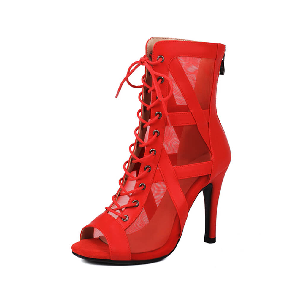 Red Mesh Cutout Dance Boots