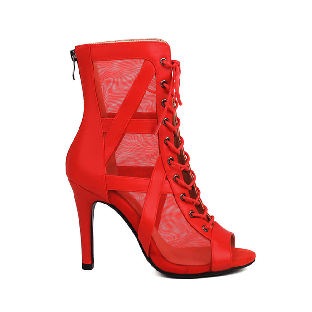 Red Mesh Cutout Dance Boots