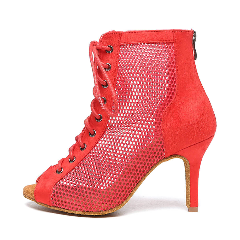 Bottes de danse à talons hauts en maille rouge à lacets