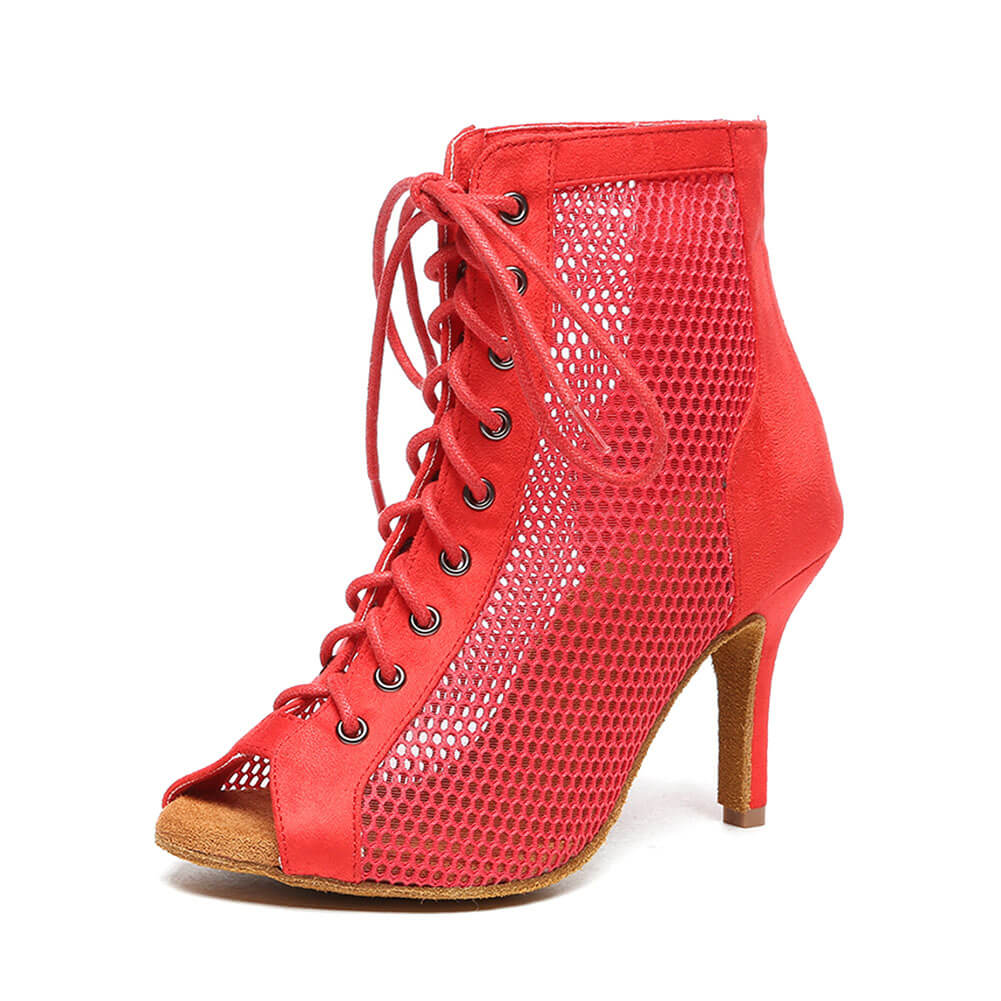 Bottes de danse à talons hauts en maille rouge à lacets
