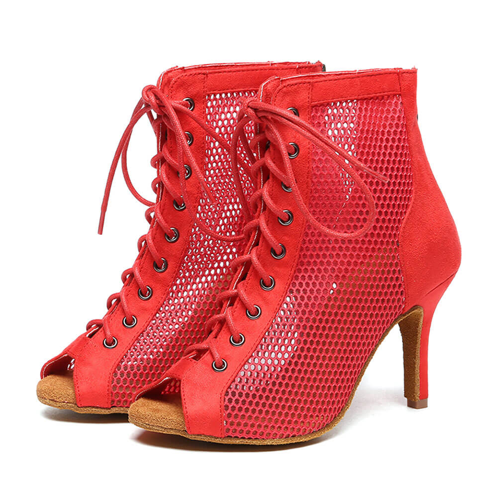 Bottes de danse à talons hauts en maille rouge à lacets