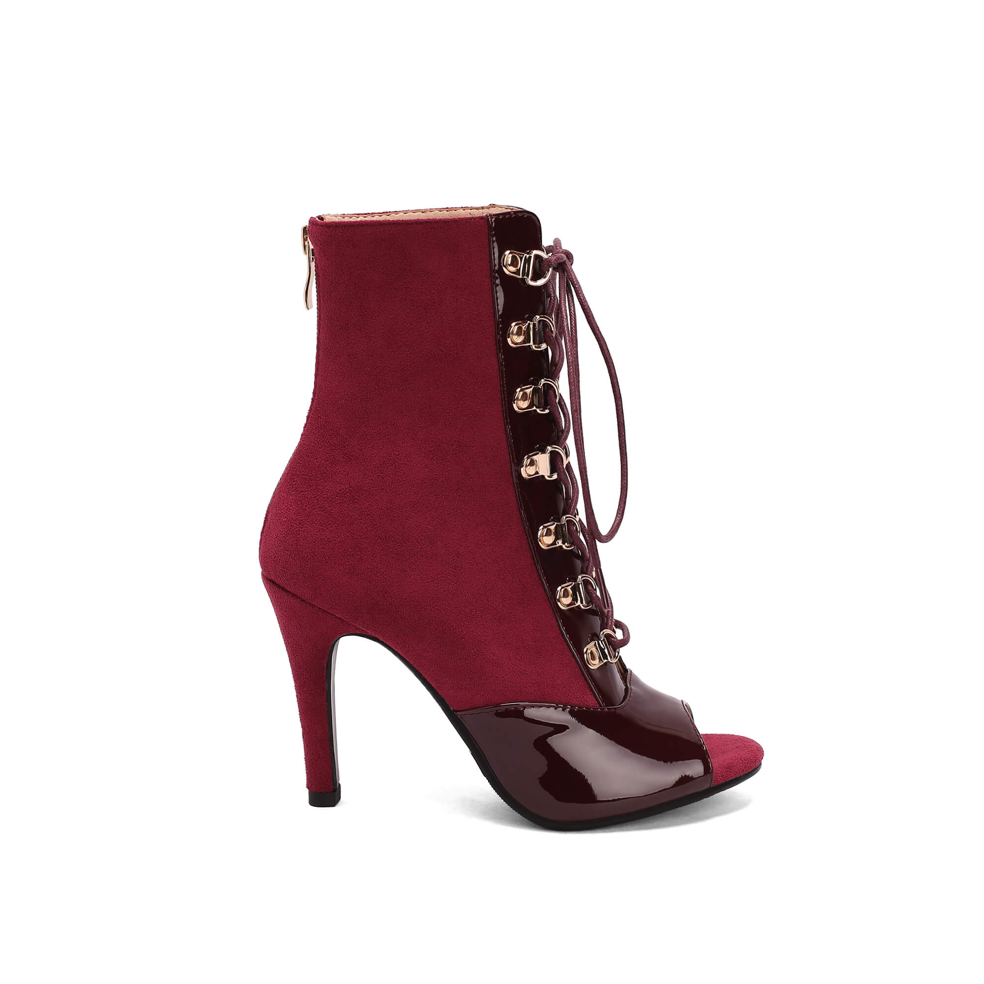 Stivali con tacco a spillo in rete, punta aperta e lacci sul davanti