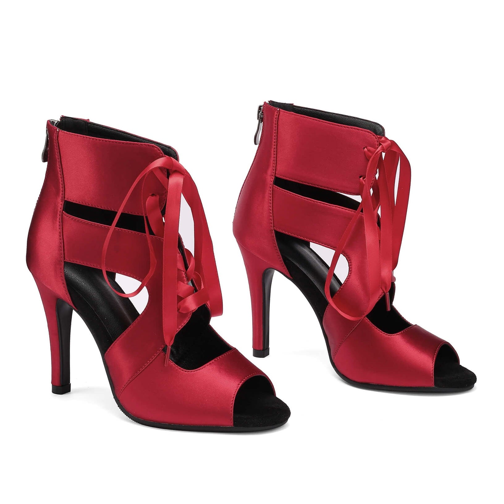 Stivali con tacco a spillo in rete, punta aperta e lacci sul davanti