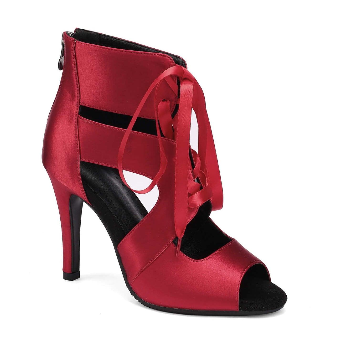 Stivali con tacco a spillo in rete, punta aperta e lacci sul davanti