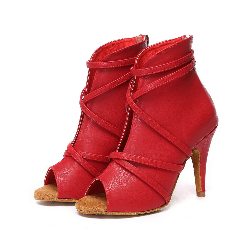 Stivali da ballo in pelle con cinturino avvolgente da donna rossi