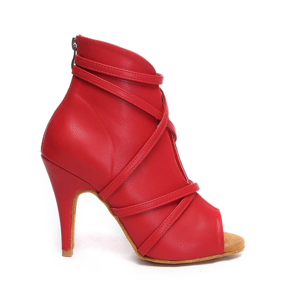 Stivali da ballo in pelle con cinturino avvolgente da donna rossi