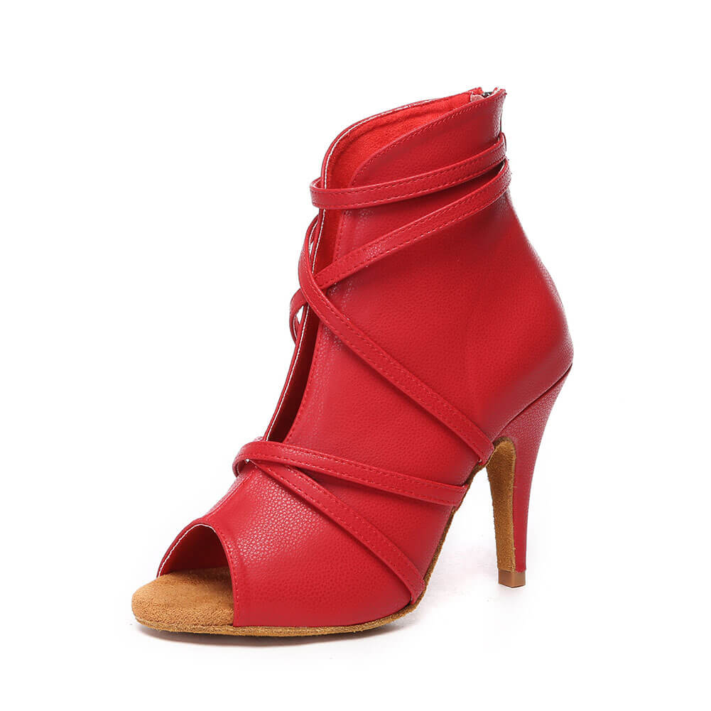 Stivali da ballo in pelle con cinturino avvolgente da donna rossi