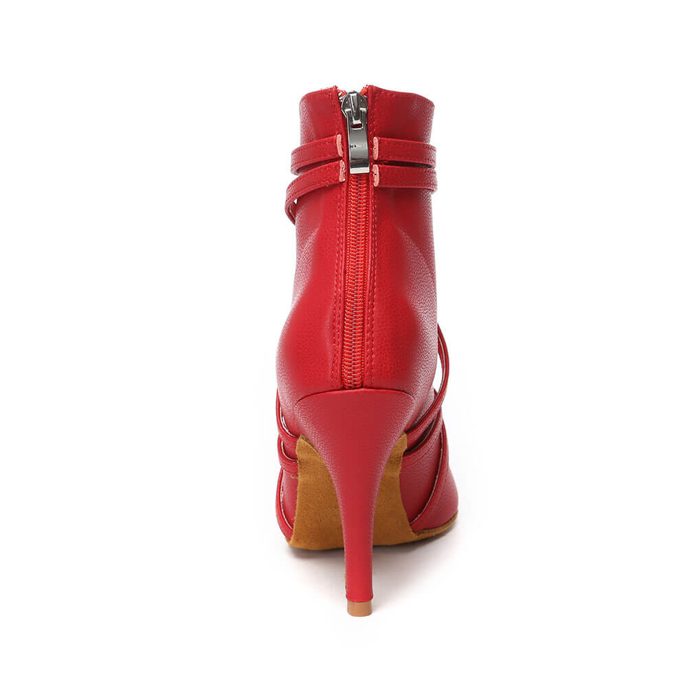 Stivali da ballo in pelle con cinturino avvolgente da donna rossi