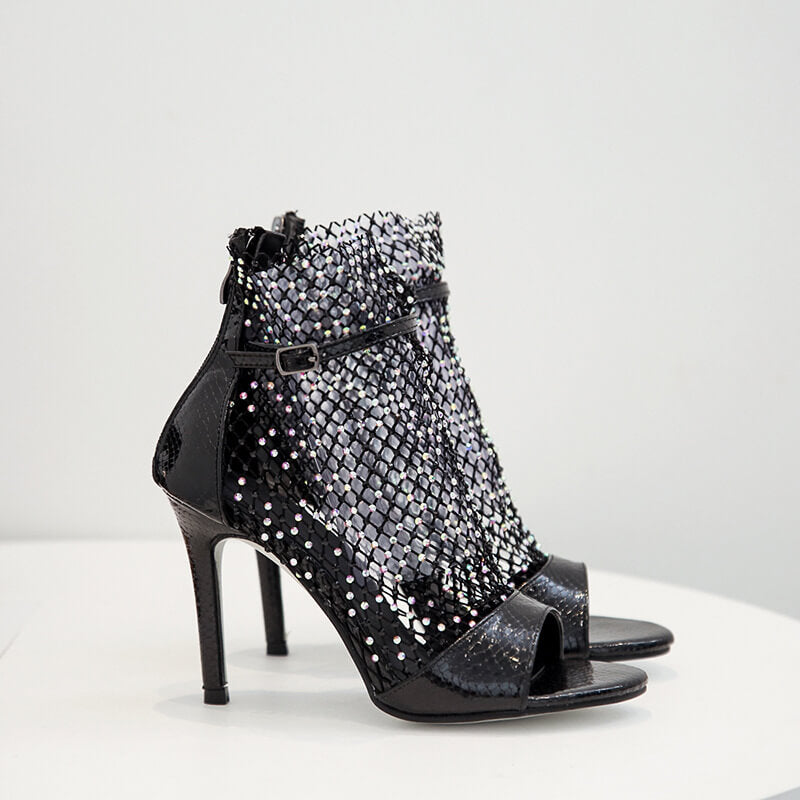 Sandali con tacco alto e strass in rete