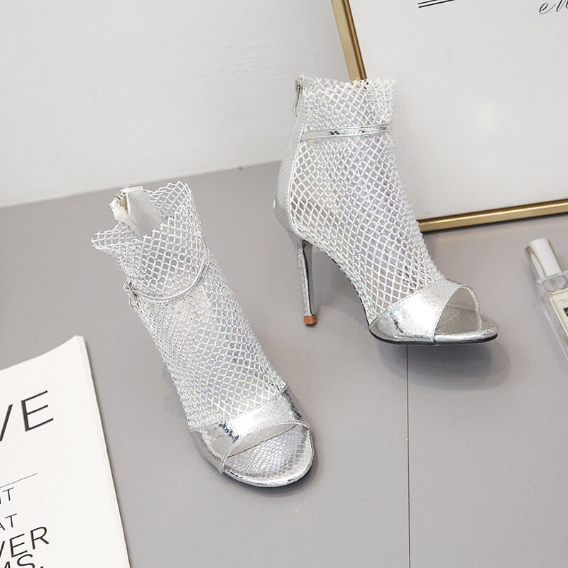 Rhinestone High Heel Mesh Sandals
