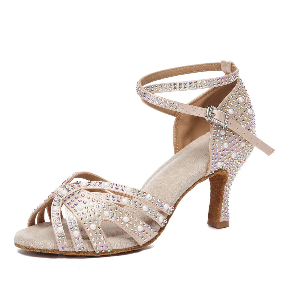 Scarpe da ballo latino con strass in raso 