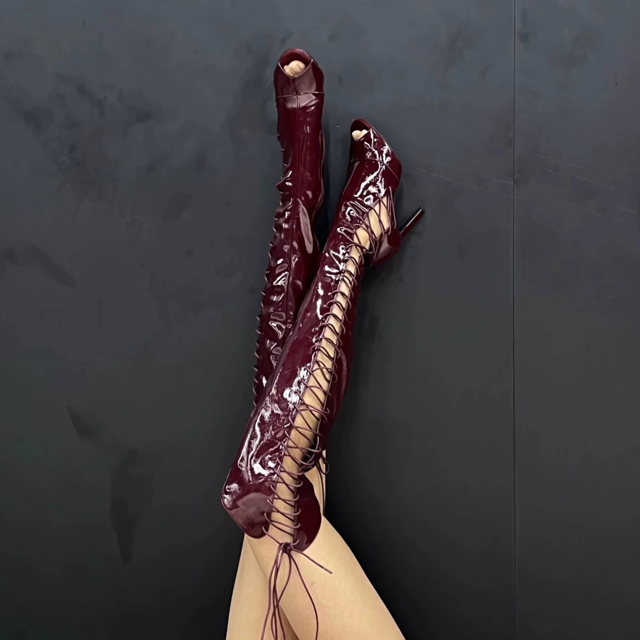 Shiny Red Open Toe Over-The-Knee Boots