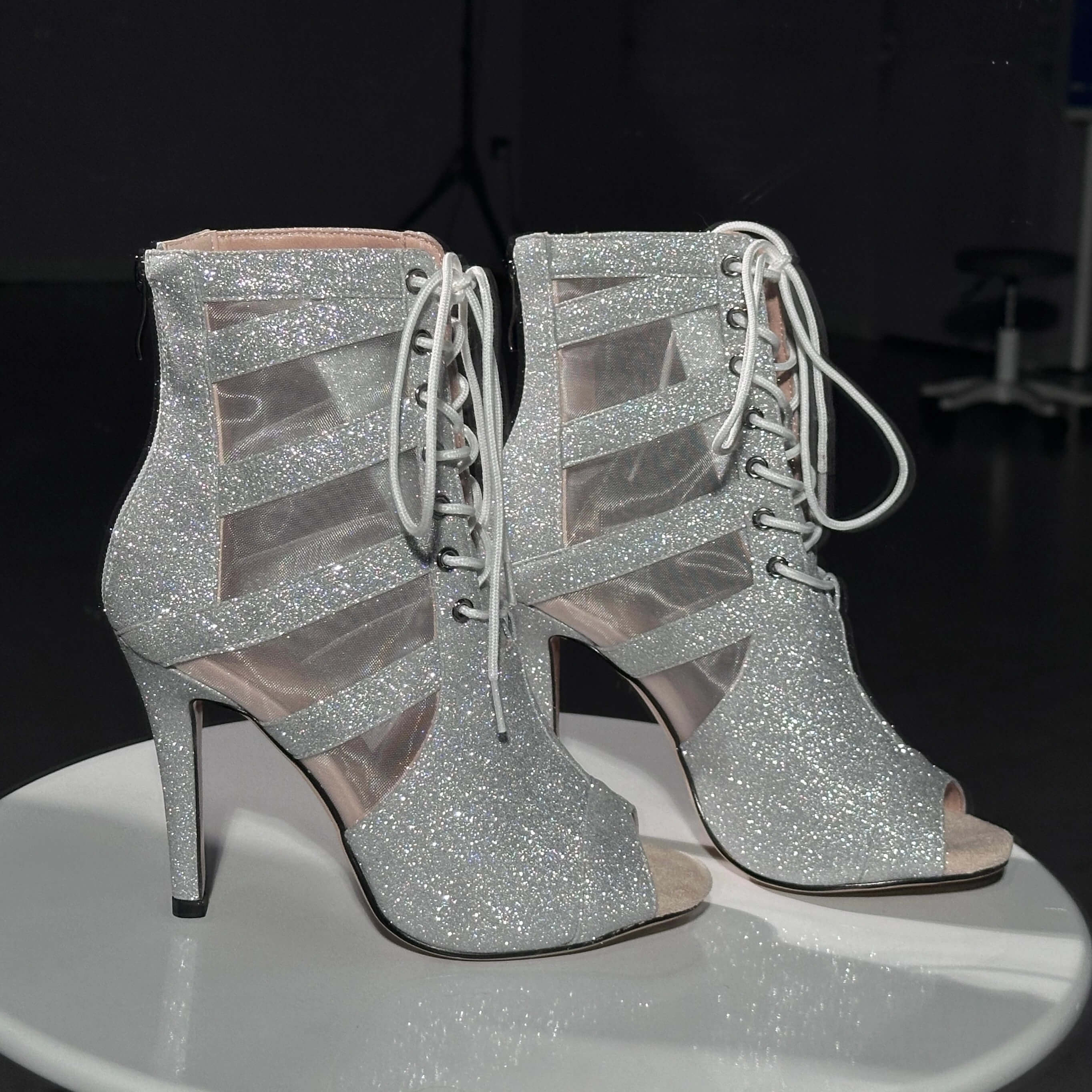 Silver Glitter Openwork High-Heeled Dance Shoes