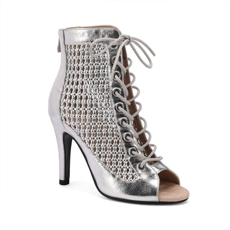 Silver Patent Leather Woven Openwork Dance Boots