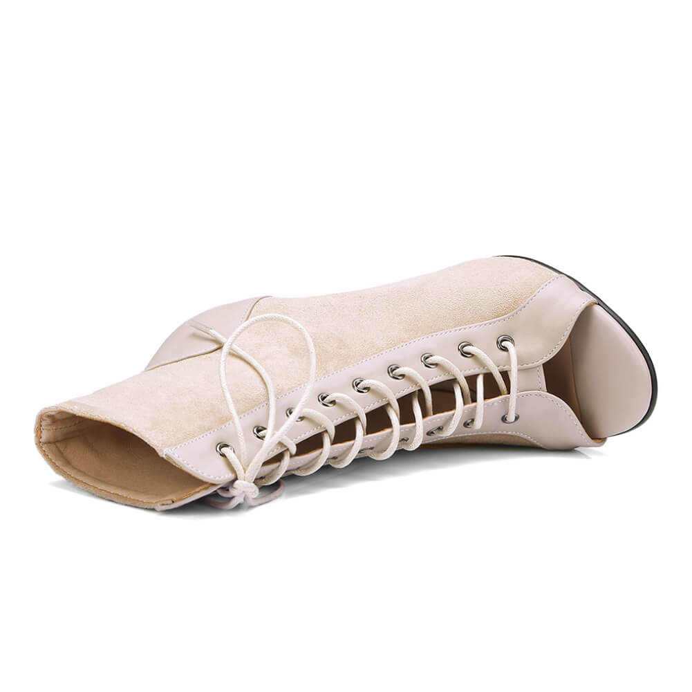 Stivali con tacco in pelle scamosciata con punta aperta color albicocca