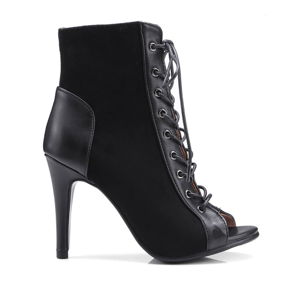 Stivali neri con tacco e punta aperta in pelle scamosciata