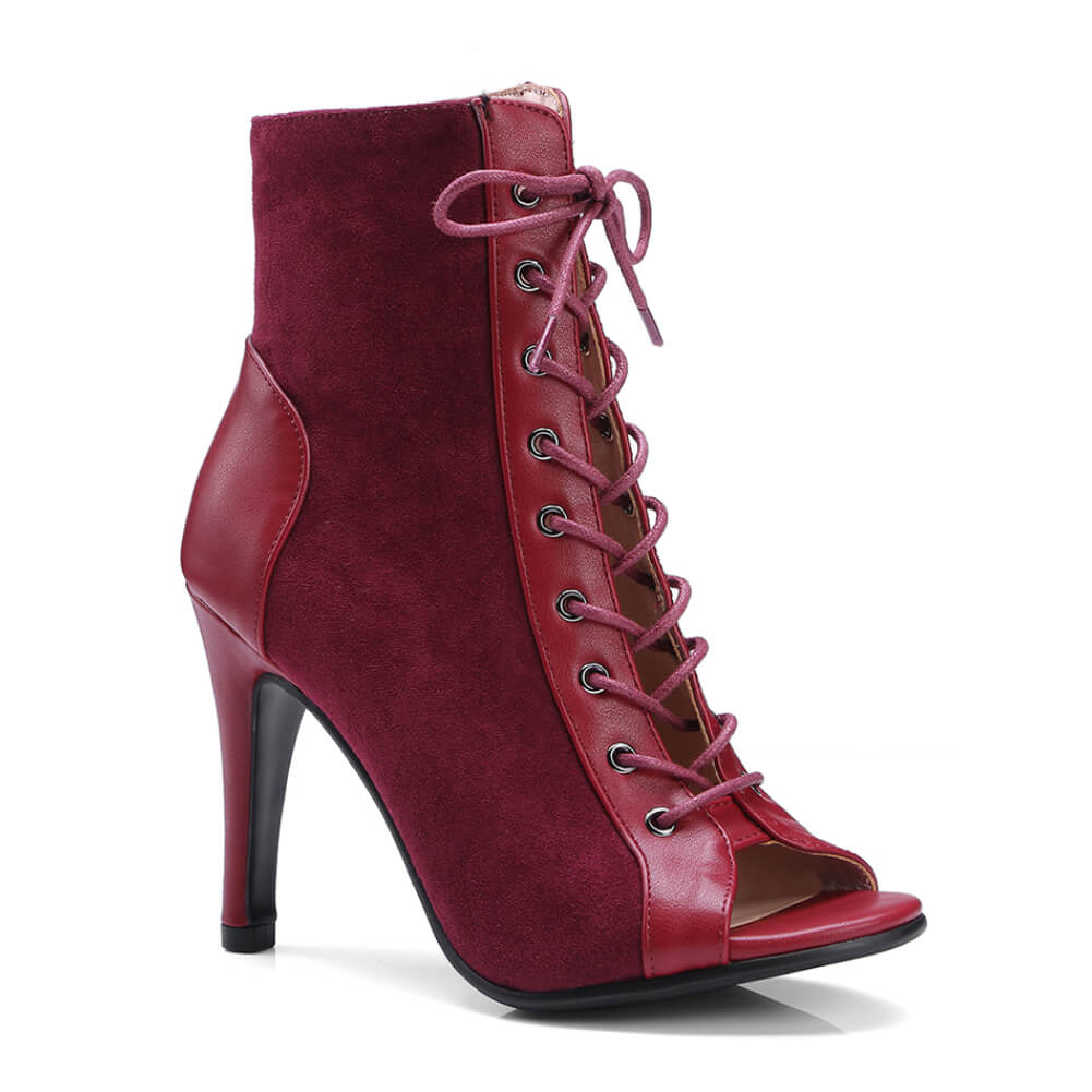 Stivali con tacco in pelle scamosciata con punta aperta rosso scuro