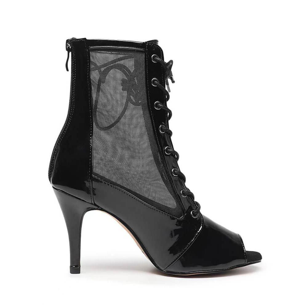 Stivaletti alla caviglia con cerniera e tacco in rete di pelle nera da donna