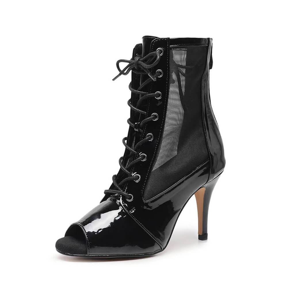 Stivaletti alla caviglia con cerniera e tacco in rete di pelle nera da donna