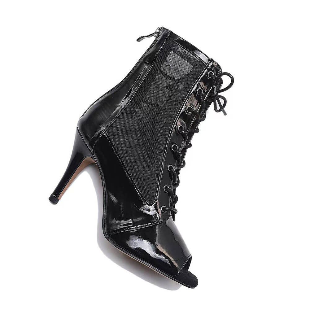 Stivaletti alla caviglia con cerniera e tacco in rete di pelle nera da donna
