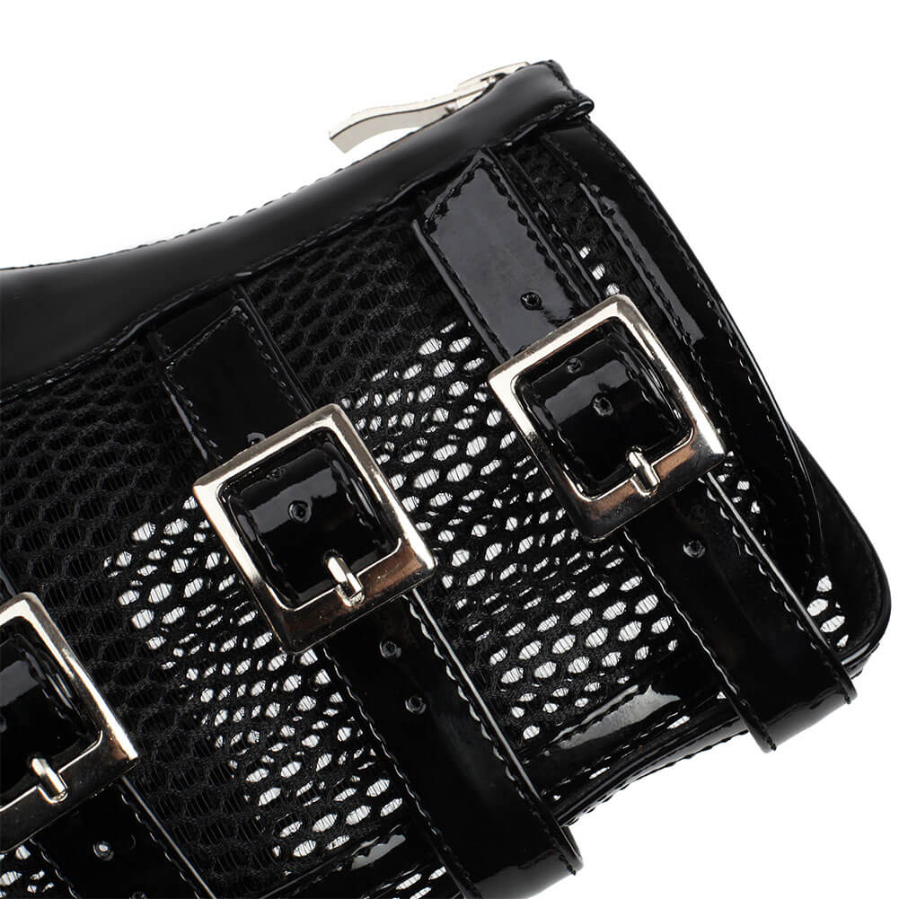 Stivaletti da ballo da donna in rete con fibbia in pelle verniciata nera