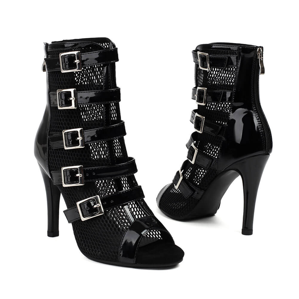 Stivaletti da ballo da donna in rete con fibbia in pelle verniciata nera
