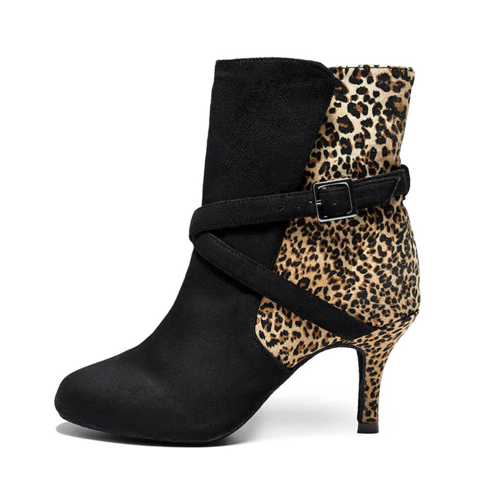 Stivali da ballo leopardati con punta chiusa e fibbia da donna