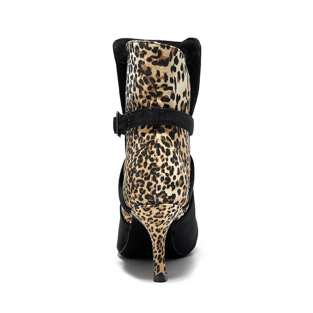 Stivali da ballo leopardati con punta chiusa e fibbia da donna