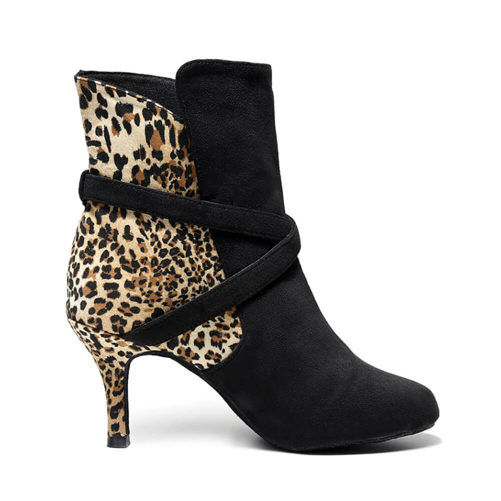 Stivali da ballo leopardati con punta chiusa e fibbia da donna
