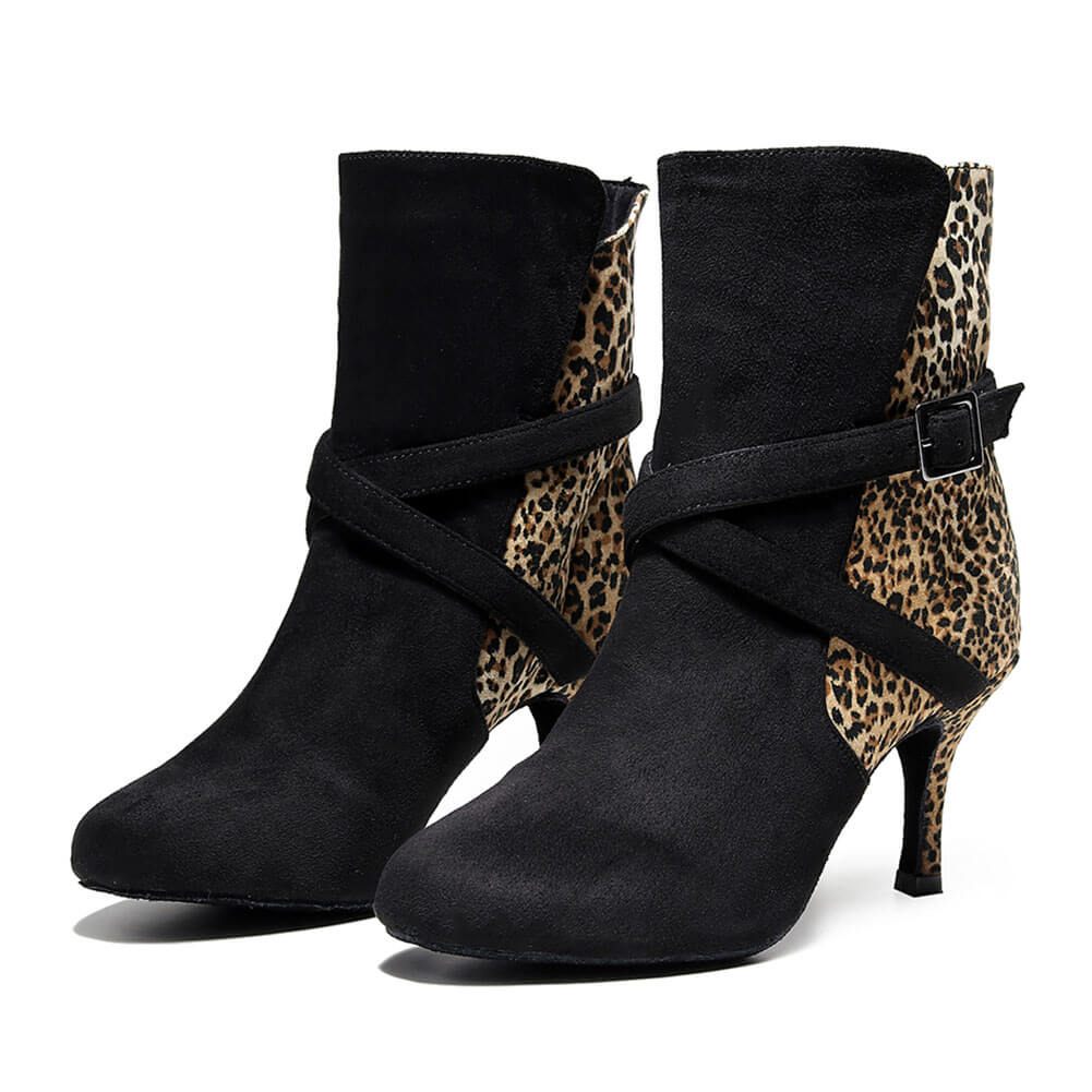 Stivali da ballo leopardati con punta chiusa e fibbia da donna