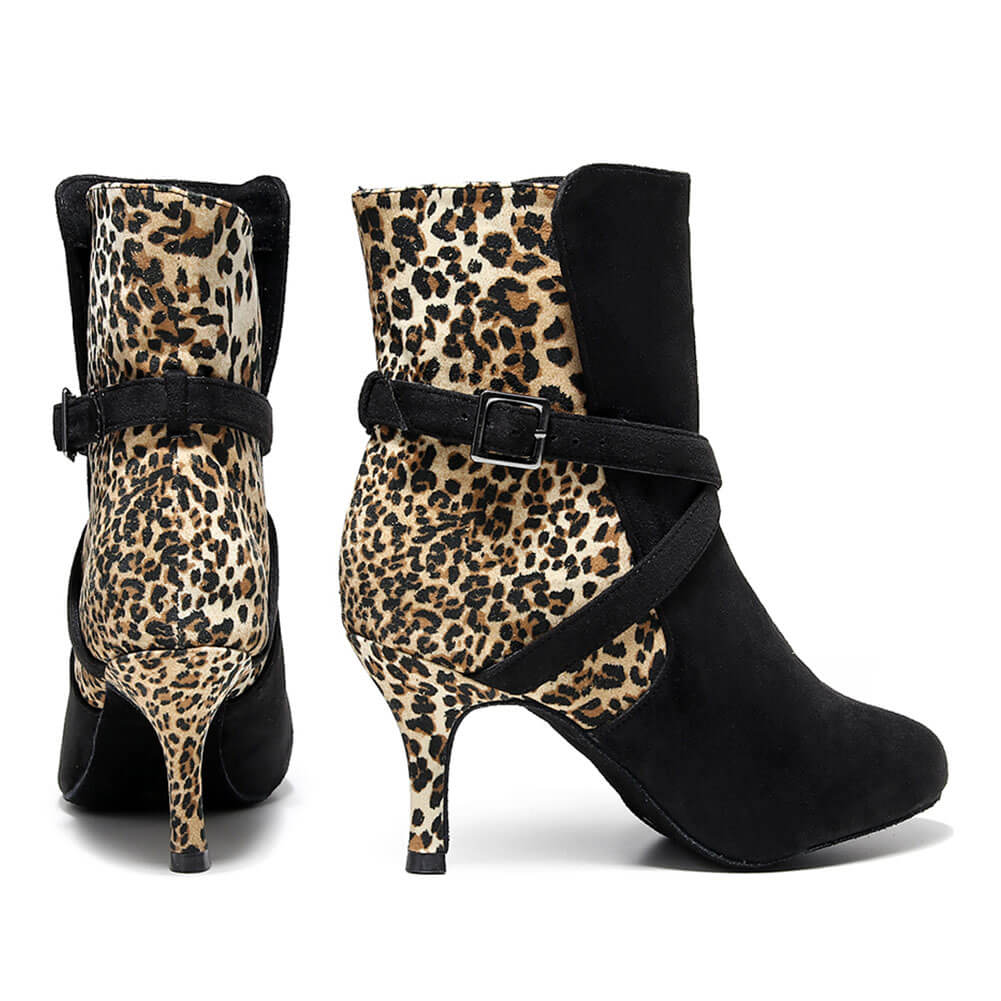 Stivali da ballo leopardati con punta chiusa e fibbia da donna
